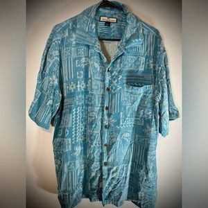 Vintage Tommy Bahama blue turquoise 100% Silk Button down wood buttons Large